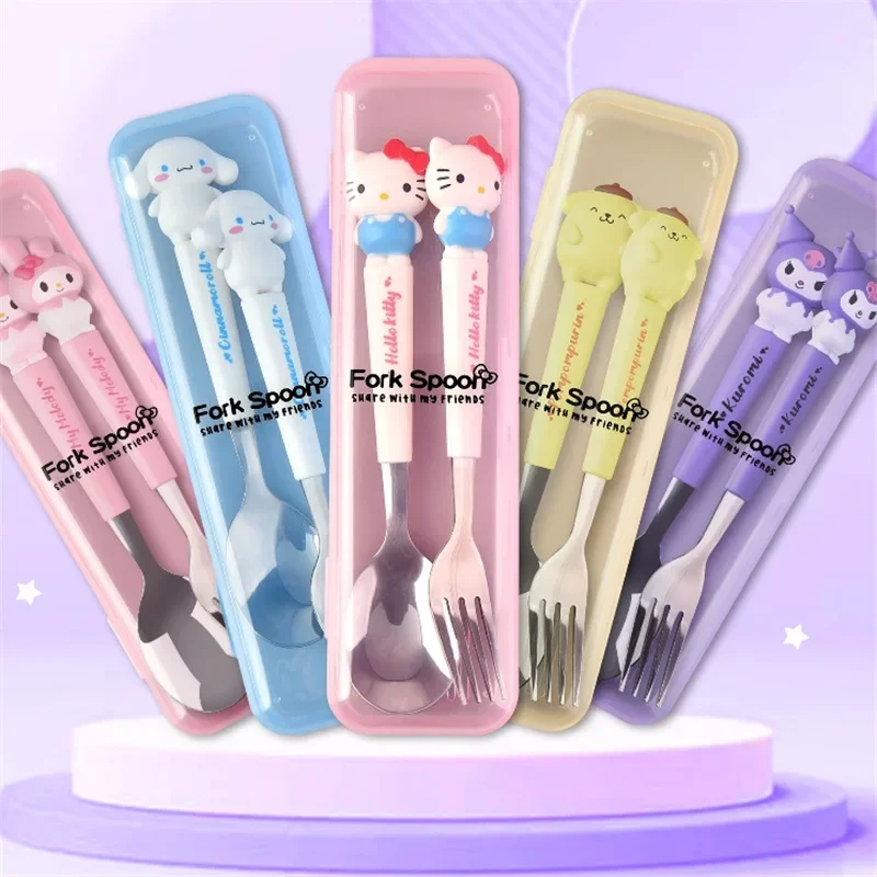 Sanrio Children Tableware Hello Kitty Kuromi Cinnamoroll Silicone Handle Tableware Two-Piece Set Cinnamoroll Fork Spoon Kid Gift