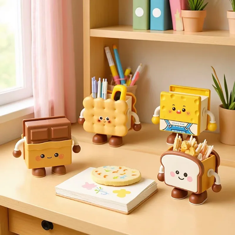 Cute Cartoon Biscuit Toast Storage Pen Holder, Multi-function Desktop Organizer Box, Student Dorm Dustproof Stationery Decor Gif