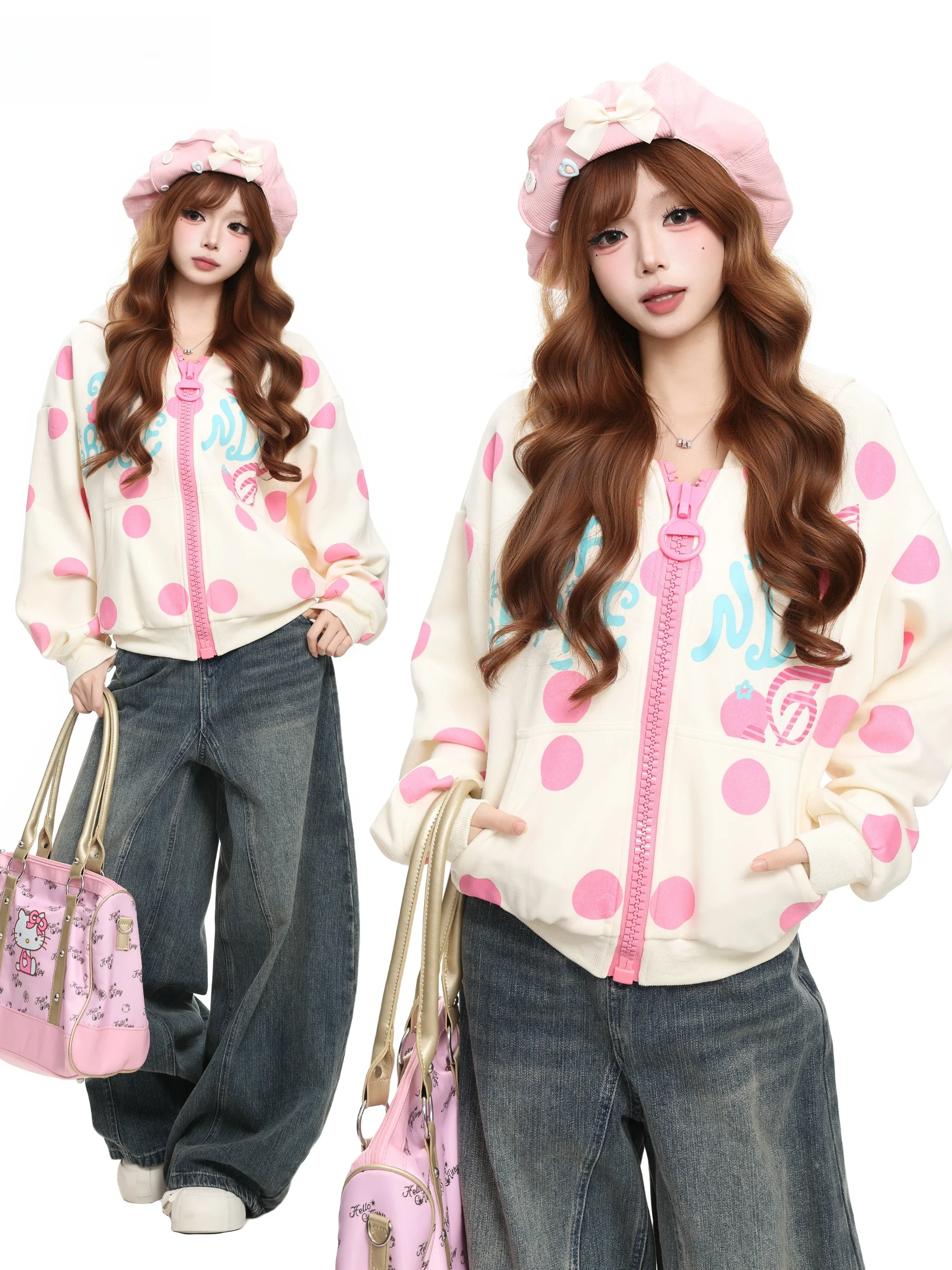 BASTERDS Women's Loose Fit Zipper Cardigan Hoodie Autumn Casual Outerwear Sweet Wave Dot Pattern Comfortable Cotton Blend
