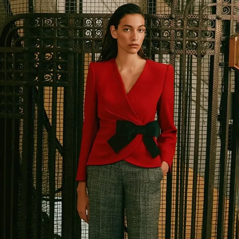 

Fashion Red Jacket Women New Elegant Bow Patchwork V-Neck Fitted Top Vintage Luxury High-Street Party Female Outerwear