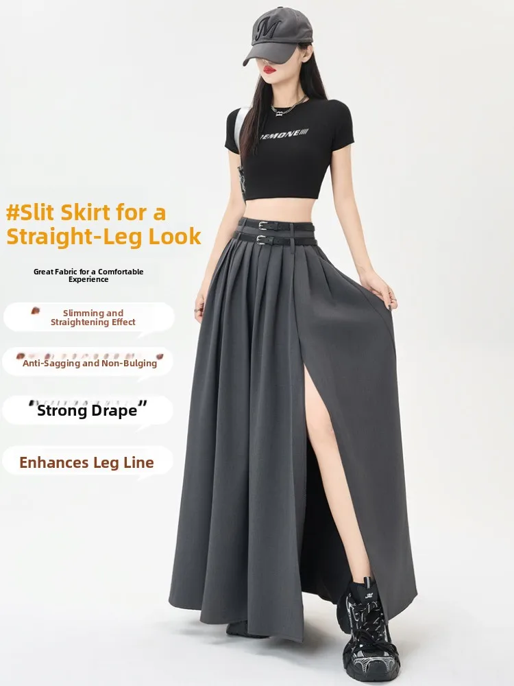 여성용 여름 디자인 하이웨이스트 드레이프 사이드 슬릿 플리츠 롱 스커트 한국 스타일 출퇴근용