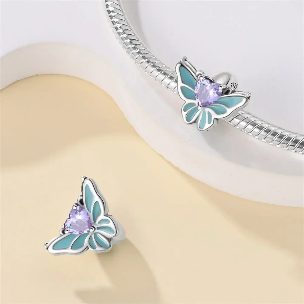 Silver 925 Luminous Charm Butterfly Four-color Round Silicone Spacer Beads for Women Diy Original Bracelet High-end Jewelry Gift