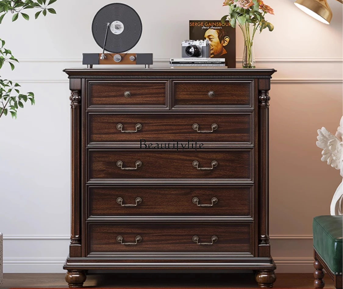 

American Retro Solid Wood Storage Six-Drawer Cabinet Simple Black Walnut Storage Cabinet