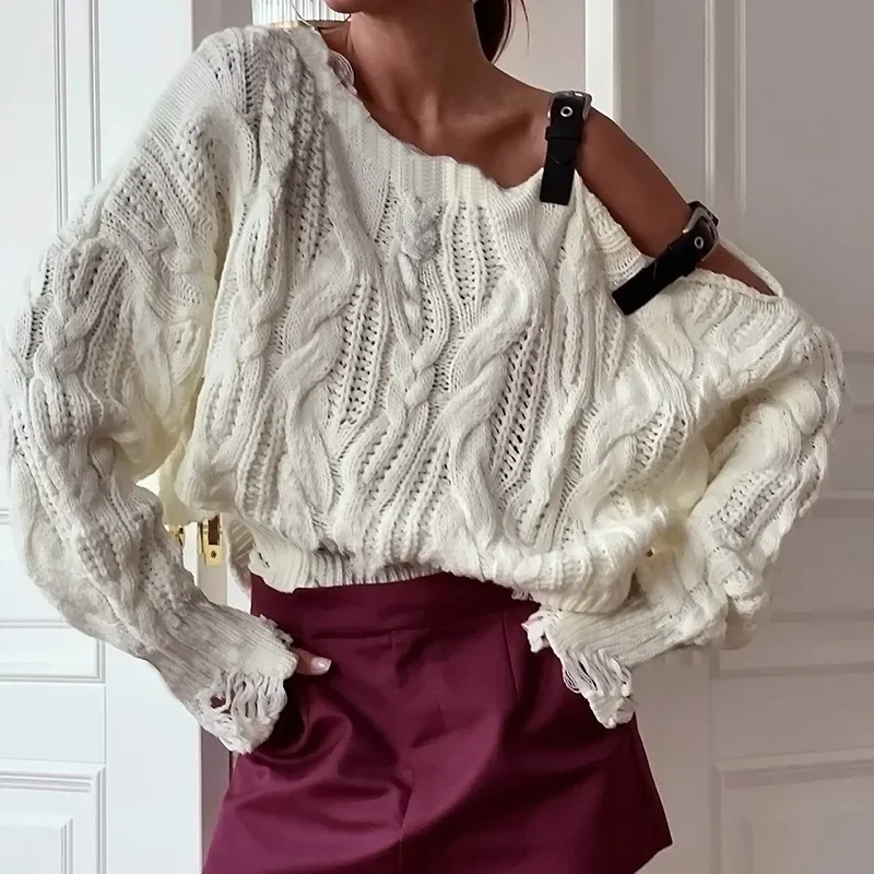 

Women's Off-Shoulder Sweater Autumn Winter Hollow Patchwork Street Knitted Top Loose Casual Solid Pullover Chic Sweater