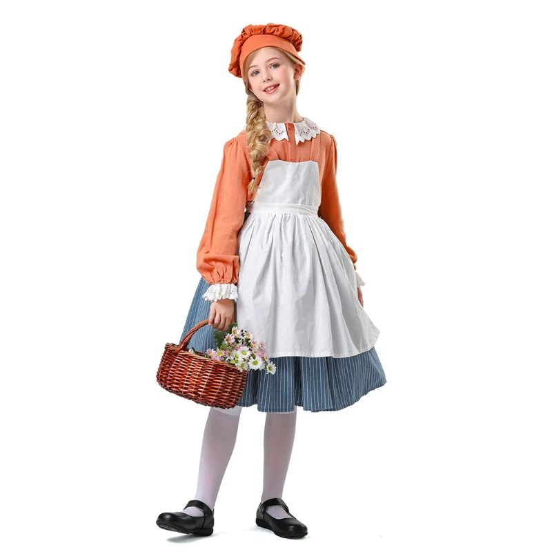 

MINISO Manor Maid Stage Performance Clothes Orange Dress Cosplay Costume Cute Elegant Ruffled Lace Soft Role Play Wear 3-8 Years