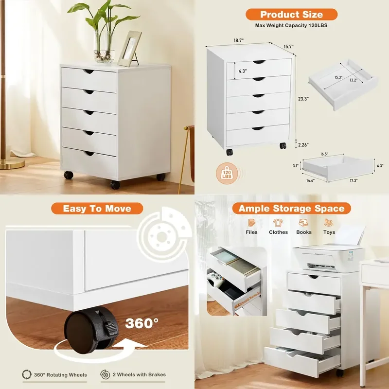 ZHANMU Wood Nightstand, 5 Drawer Waterproof Storage Cabinet, Easy Move Bedside Table for Bedroom Office Organizer