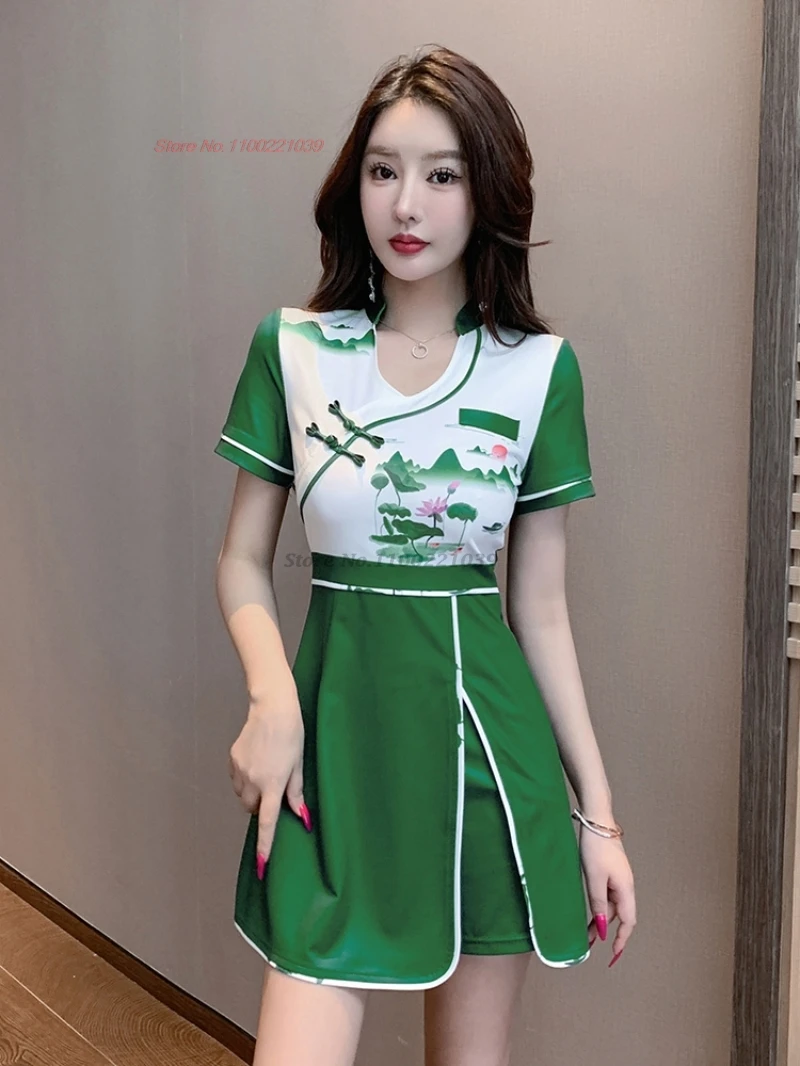 

Китайское сексуальное qipao, улучшенное платье Cheongsam + шорты, платье для ночного клуба с цветочным принтом, qipao, отель, спа, рабочее платье, униформа красоты