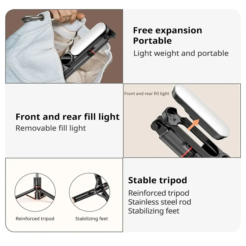 FANGTUOSI 2025 جديد L15 عصا سيلفي لاسلكية حامل ثلاثي القوائم قابل للطي Monopod مع مصباح ليد للهواتف الذكية Tiktok اطلاق النار لايف