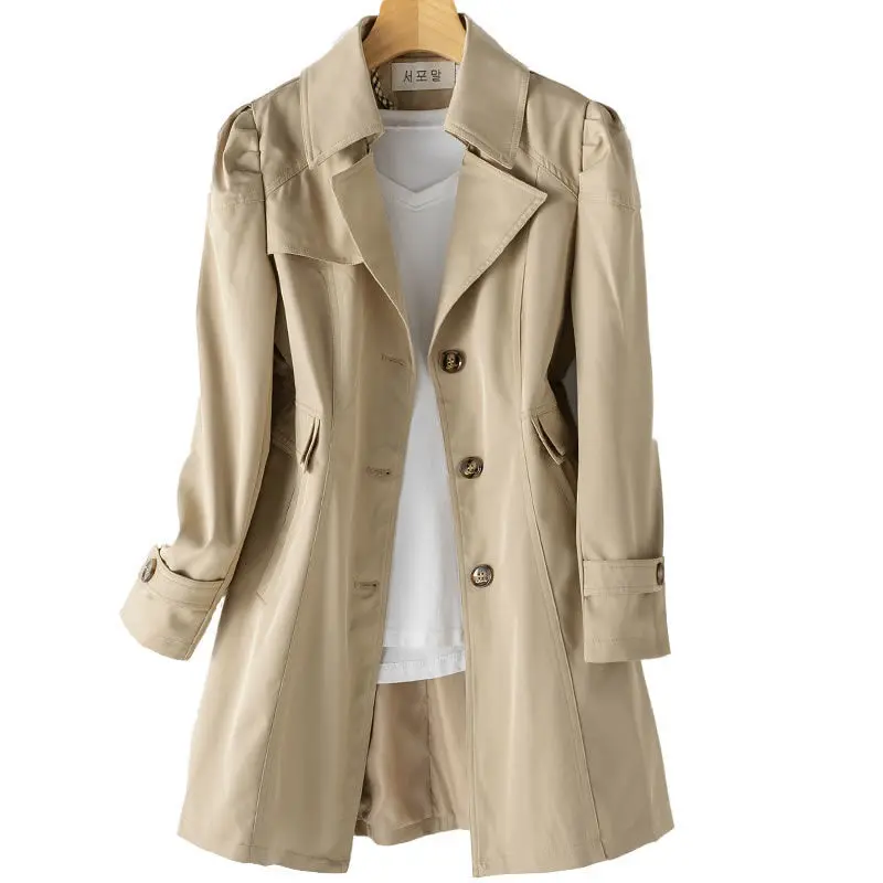 Vielseitiger mittellanger Trenchcoat für Damen mit Reversdetail, einreihige Silhouette, modische Oberbekleidung