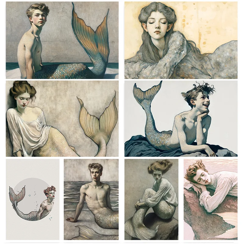 Merman Painting Male Mermaid Poster Mythological Wall Art Decor Submerged Elegance Artwork Tranquil Moment in the Sea's Embrace