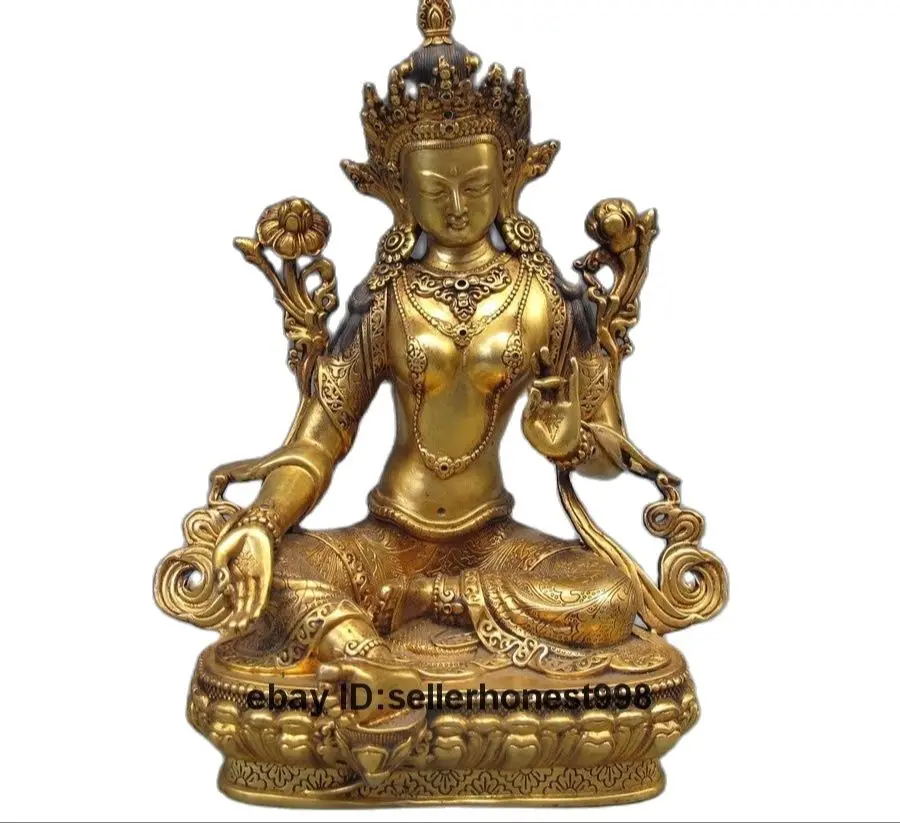 

Тибетская Статуэтка Kwan-Yin, 22 см, 9 дюймов, чистая бронза, золото 24 карата, золотая, Золотая