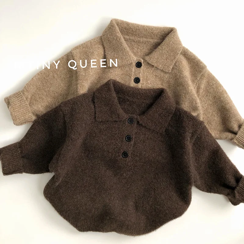 2024 Autumn New Children Long Sleeve Knit Sweater Solid Boys Girls Vintage Lapel Sweater Baby Polo Shirts Cotton Kids Clothes