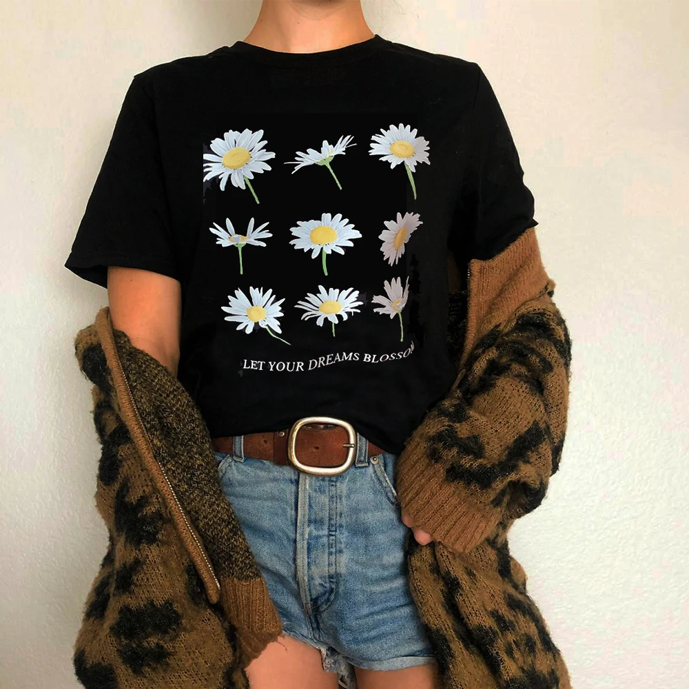 Black Daisy Flower Tees  Women Tops Tees Begie round Neck Graphic T Shirt Women Tops Base O-neck Tees