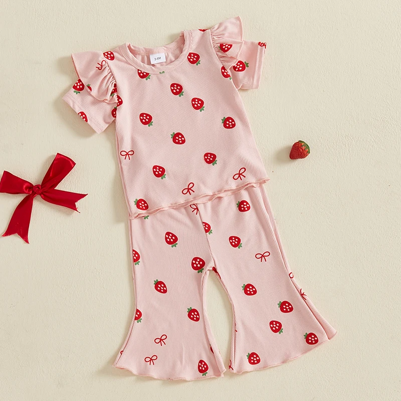 

Toddler Baby Girl Strawberry Summer Fashion Outfits Ruffle Short Sleeve T-shirt Flare Pants 2 Piece Ribbed Clothes Infant Sets