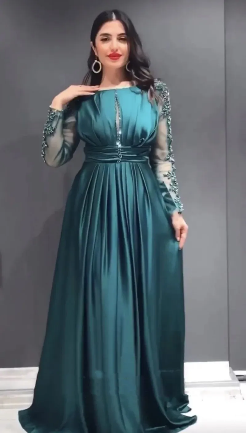 Green Satin A-Line Formal Evening Dresses Arabic O-Neck Beaded Long Sleeves Dubai Satin Mermaid Party Prom Gowns robe de soirée