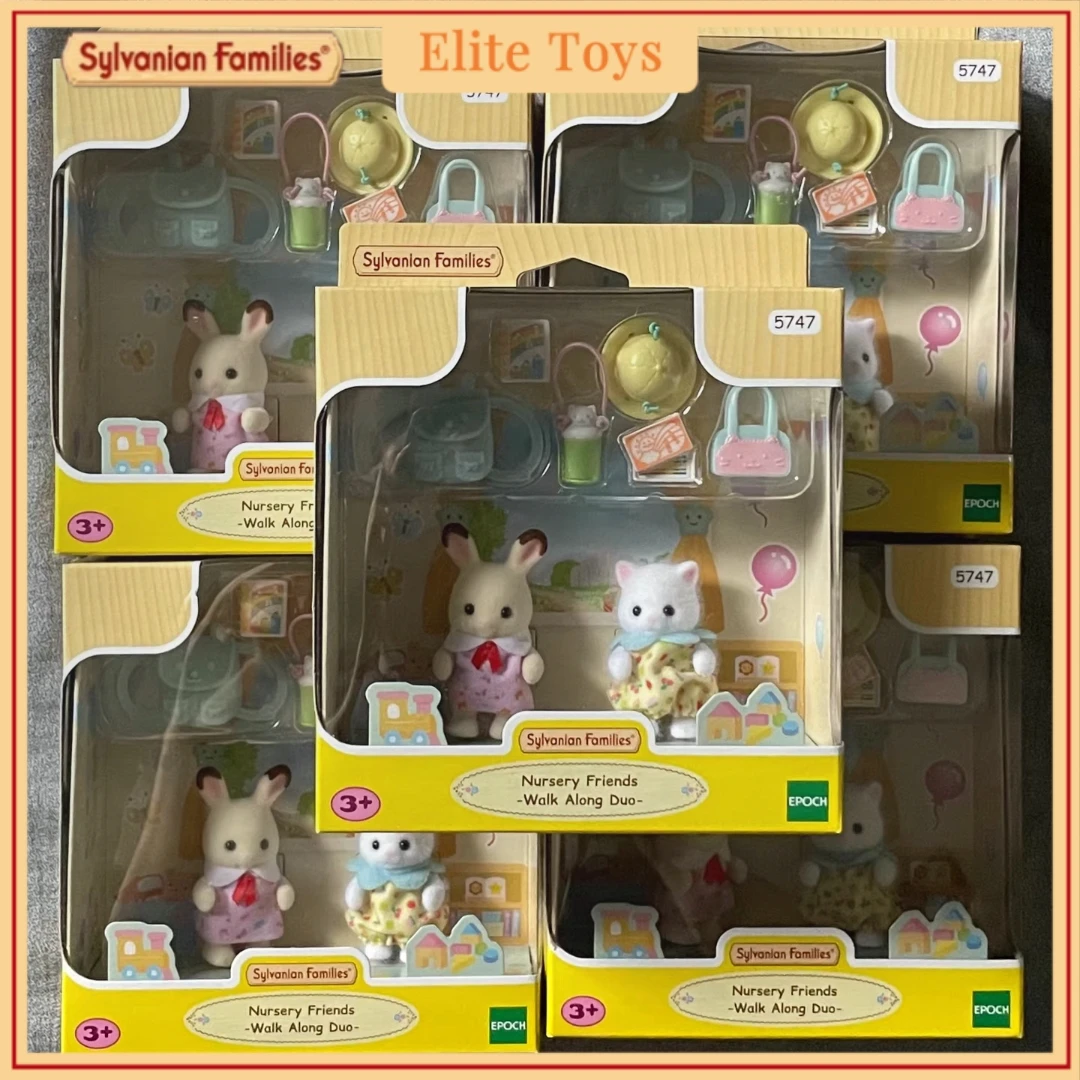Sylvanian famílias boneca em miniatura acessórios bonito coelho berçário amigos andando ao longo duo crianças fingir jogar brinquedos para meninas presente