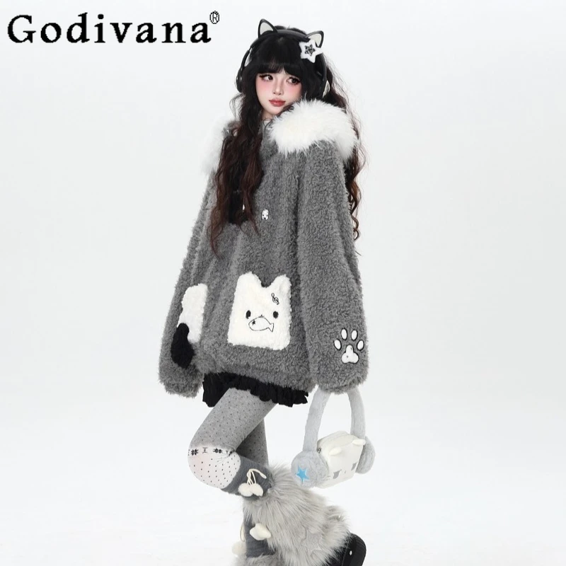 

Winter Cat Ear Fleece Lined Quilted Coats Female Hooded Warm Loose Cotton Jacket Winter Japanese Style Quilted Coats for Women