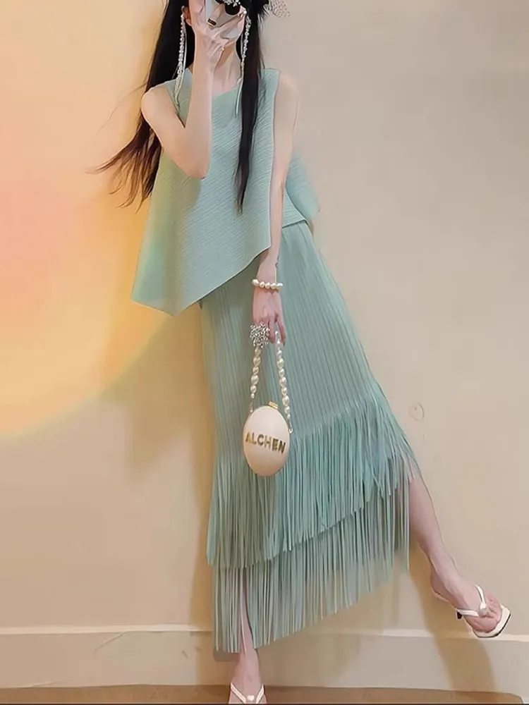 

Summer Blue High Waist Fringed Svel Pleated Set Creative Tee Houses Commute Sle Loose Polyester round Ne Mid-Length