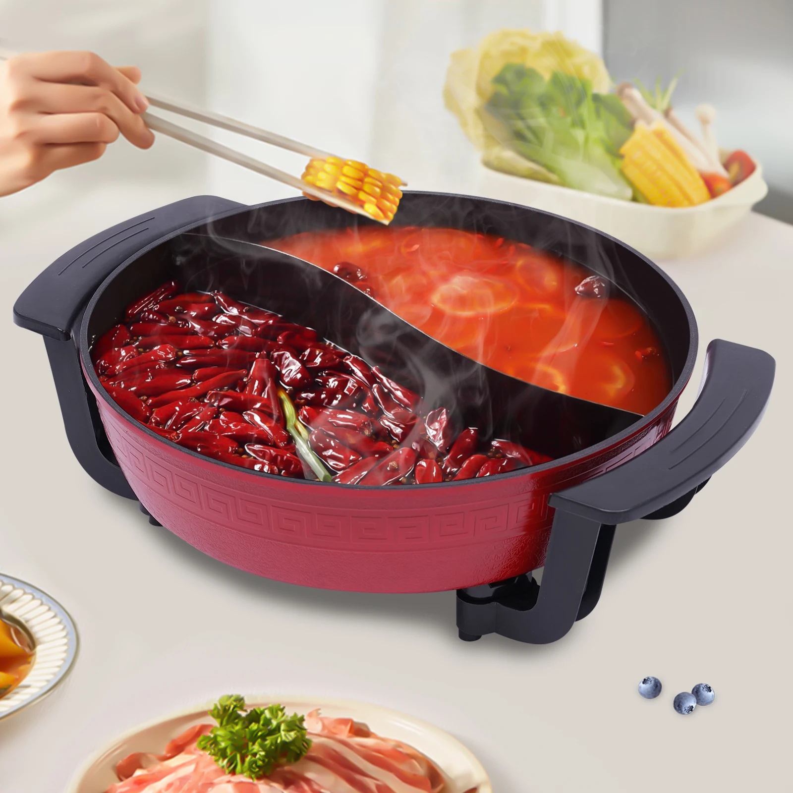Olla caliente eléctrica grande de 6L, cocina eléctrica antiadherente Shabu Shabu con tapa de vidrio divisoria, 1360W, 5 niveles de temperatura ajustables