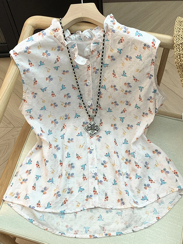 

Cotton Linen Sleeveless Floral Print Shirt Women's Summer Breathable Slimming Shirt Beautiful Small Top
