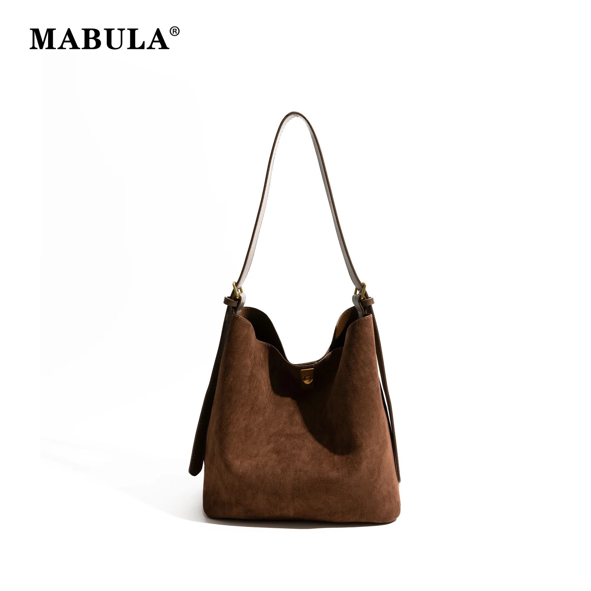 

MABULA Vintage Faux Suede Bucket Bag Large Capacity Women Shopping Pouch Winter Stylish All-match Work Commuter Purse For Ladies