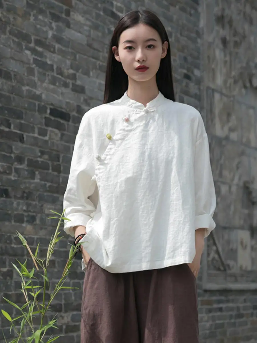 

Autumn New Chinese Sle Women's irt National Sle Stand Collar Asymmetrical Color Blo Button Cotton Linen Zen Tea Clothing