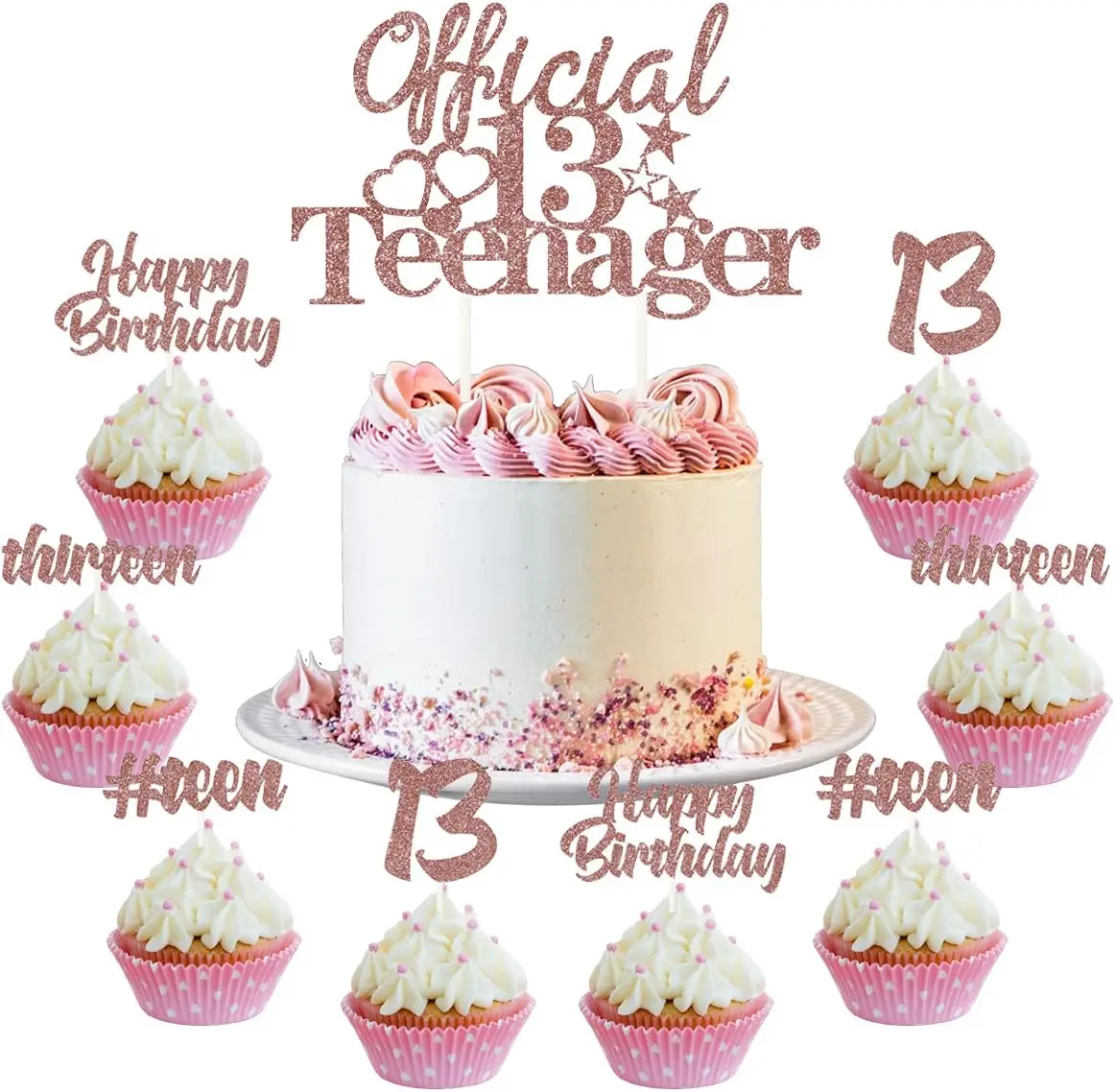 

Glittery Rose Gold 13 Official Teenager Cupcake Toppers for Girls 13th Birthday Party Supplies Thirteen Birthday Party Decor