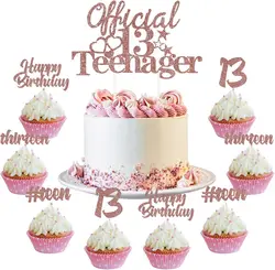 Glittery Rose Gold 13 Official Teenager Cupcake Toppers for Girls 13th Birthday Party Supplies Thirteen Birthday Party Decor