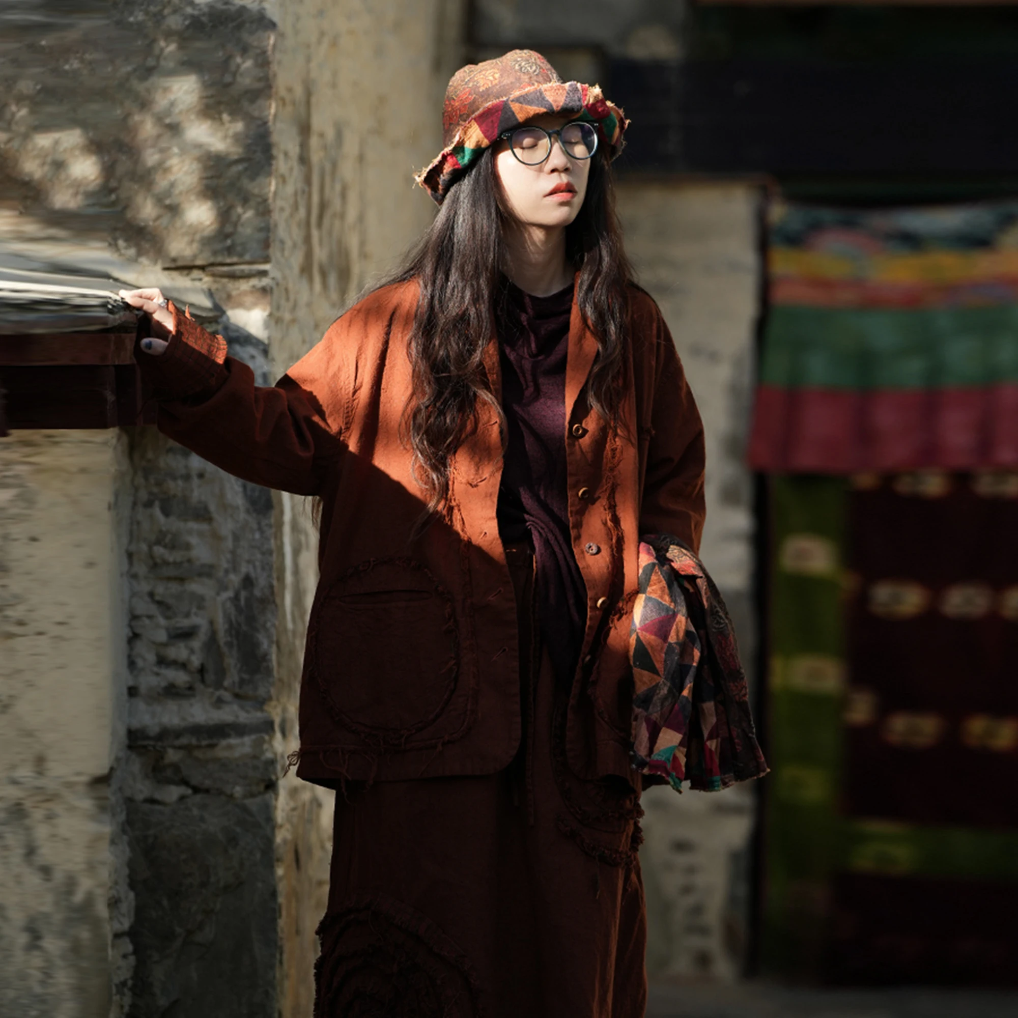 

PengPengHome 63 Early Autumn New Haax Cotton Blend ort Jaet with kets 3D Tassel Cloud Mist Series Women's Faion