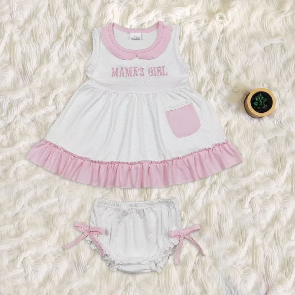 

Wholesale Infant Baby Girl Embroidery Toddler Set Kids Mama's Outfit Children Sleeveless Pocket Pink Ruffle Tunic Bummie Shorts