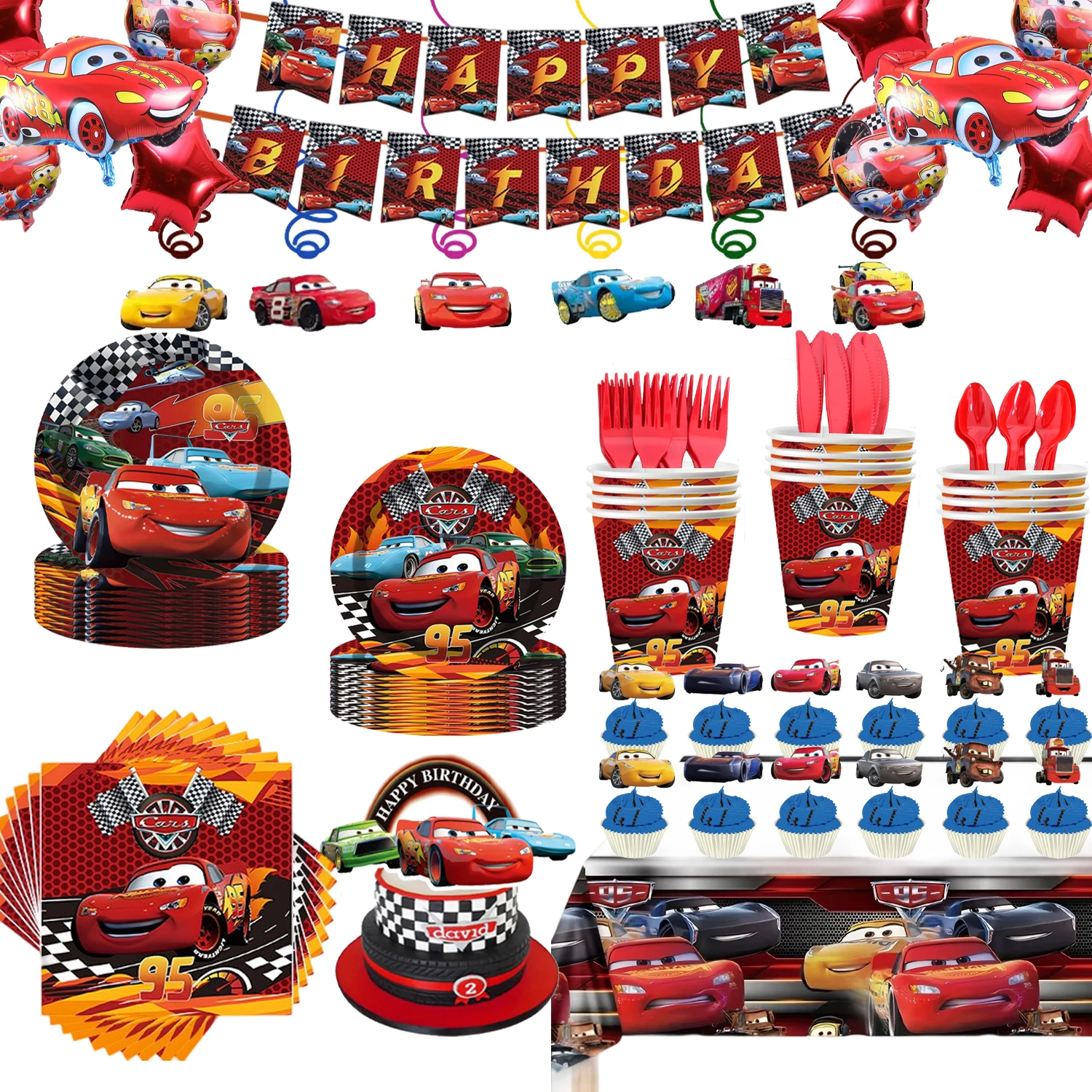 Nouvelles voitures décoration de fête d'anniversaire Lightning McQueen voiture vaisselle ballon assiette tasses fournitures pour bébé douche enfants cadeaux de fête