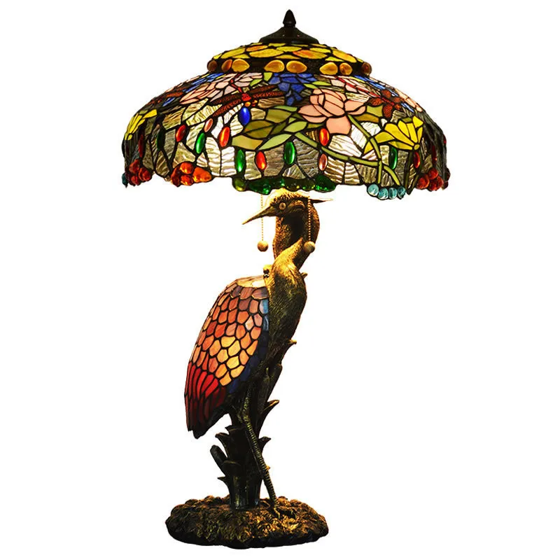 Luxury Europe Tiffany Table Lamp Foyer Hall Entrance Vintage Glass Crane Large Desk Light H 87cm D51801