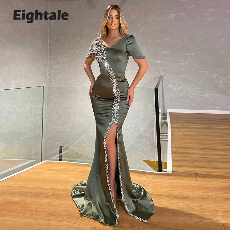 

Eightale Arabic Evening Dresses V Neck Short Sleeves Satin Formal Prom Gown Mermaid Dubai Party Dress vestidos de fiesta