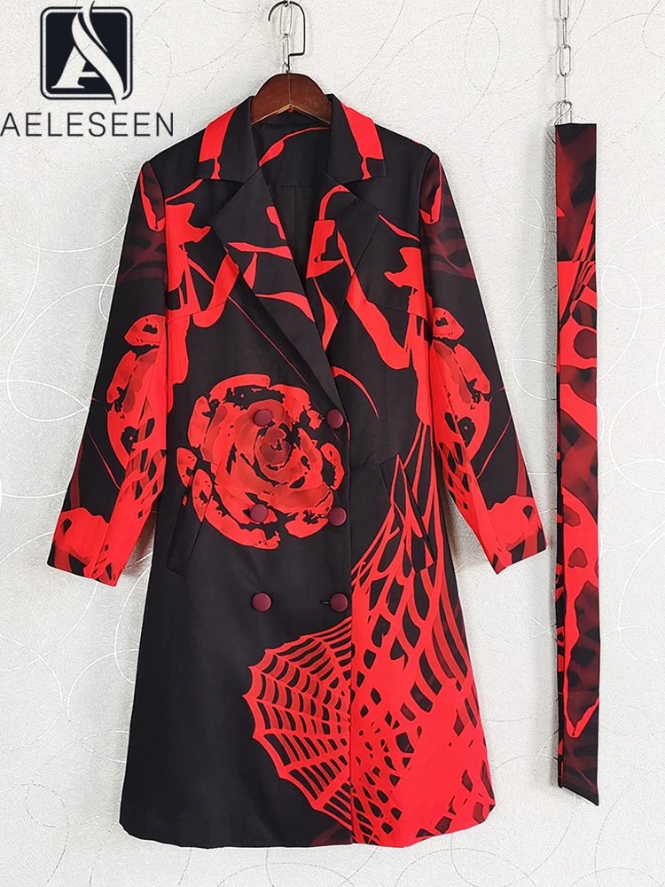 AELESEEN Vintage Long Coat Women Autumn Winter Full Sleeve Turn-down Collar Red Flower Double-breasted Belt Elegant Trench