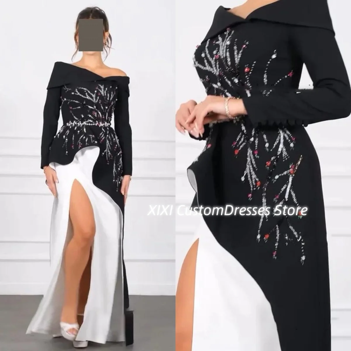 

Prom Dresses A-Line Split Off-The-Shoulder Customize Floor-Length Beadings Elegant And Pretty Women'S Dresses Zipper Up Long Sle