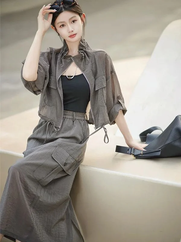 

plus Size Women's Workwear High Waist Long Sleeve Skirt And Top Set Summer Fashion Slimming A-Line Midi Skirt Two-Piece Suit