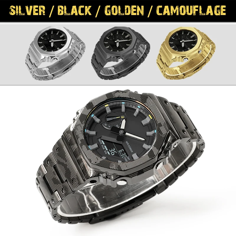 GA2100 GA2110 GAB2100 Metal Case Mod Kit For Casioak Watch Camouflage Stainless Steel Bezel And Strap Band With Accessories Tool