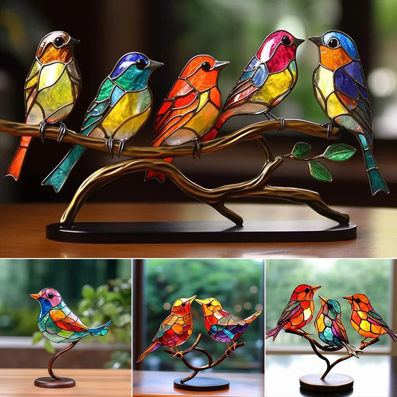 Stained Metal Birds On Branch Multicolor Style Flatness Birds Home Desk Office Living Room Bedside Desktop Decorations Art Craft