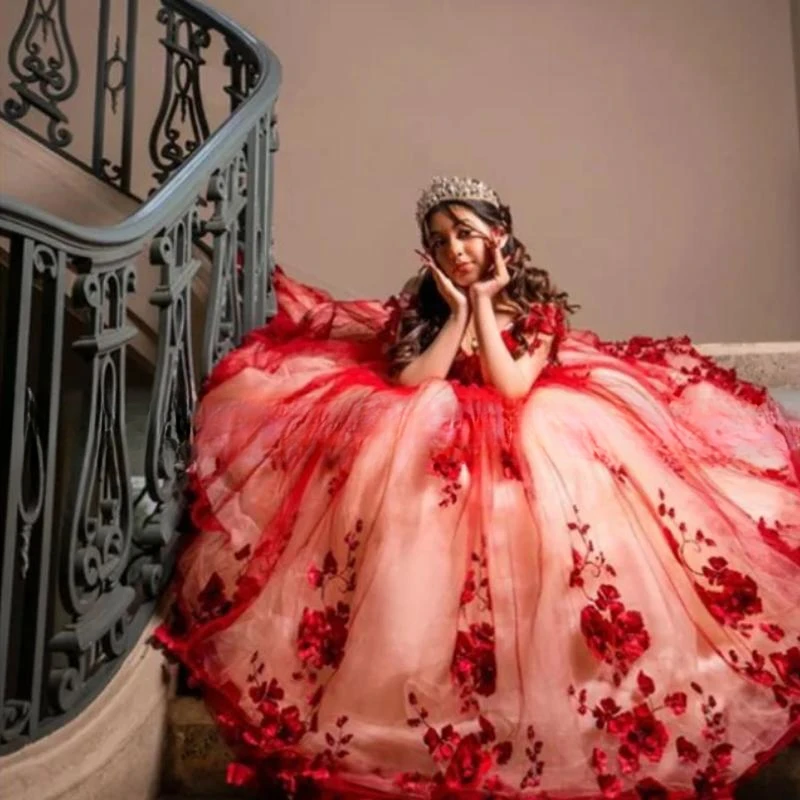 Vestido De quinceañera De princesa con flores en 3D burdeos, Vestido De baile con apliques De cuentas, hombros descubiertos, dulce 16, 15 Años, 2024