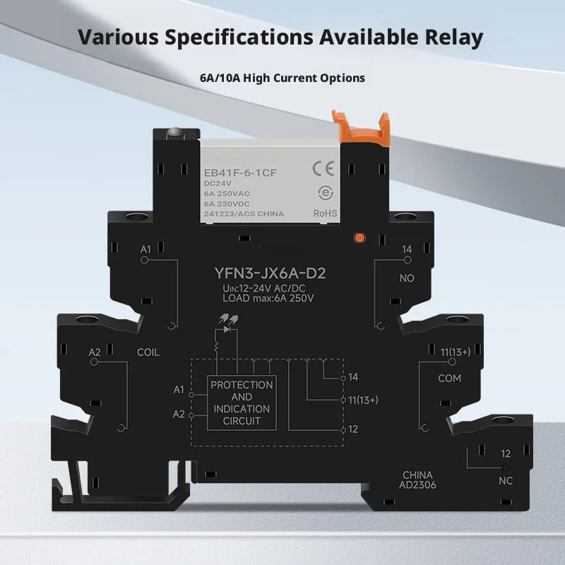 Compact 6-Pole Relay, 6.2mm Thick, 6A Switching Capacity, LED Status, Quick-Connect Terminals, High-Density