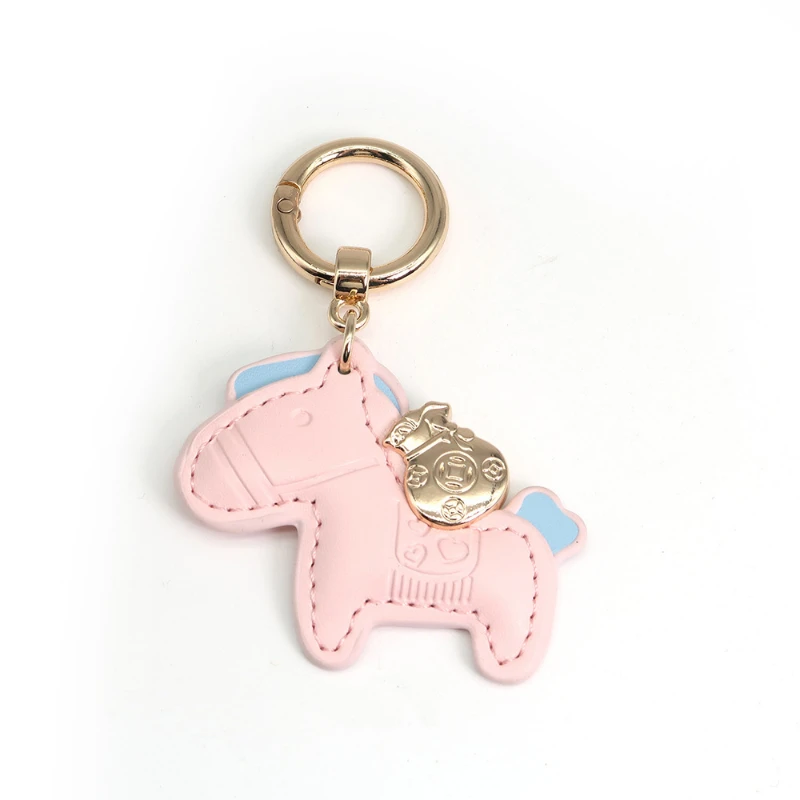 New Creative Handmade Leather Pink Instant Money Pony Car Keychain Cartoon Rocking Horse Bag Pendant Cut Keychain