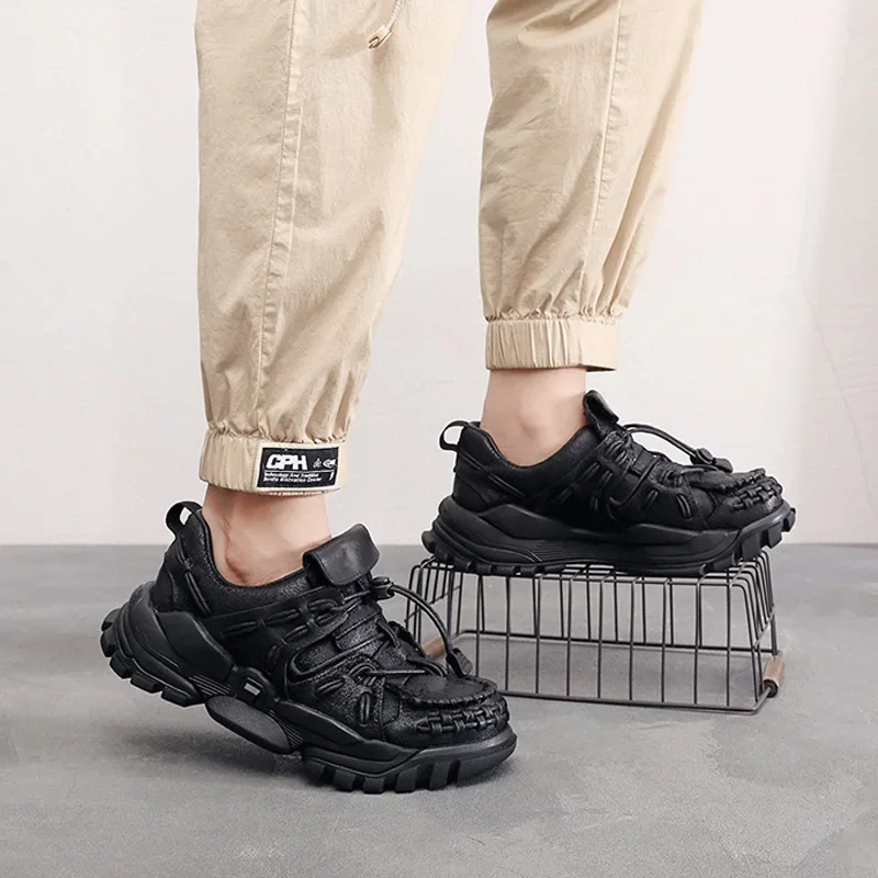 Fashion Genuine Leather Loafers Chunky Sneakers for Men Thick Bottom Casual Increased Internal High Casual Platform Hiking Boots