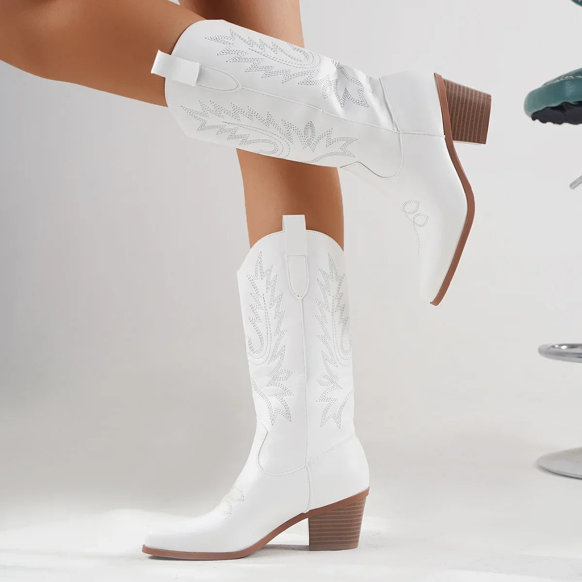 Mid-Calf Boot Boots for Women Autumn Winter Trend Slip on Embroidered Western Cowgirl Boots Vintage Style White High Heels Boots