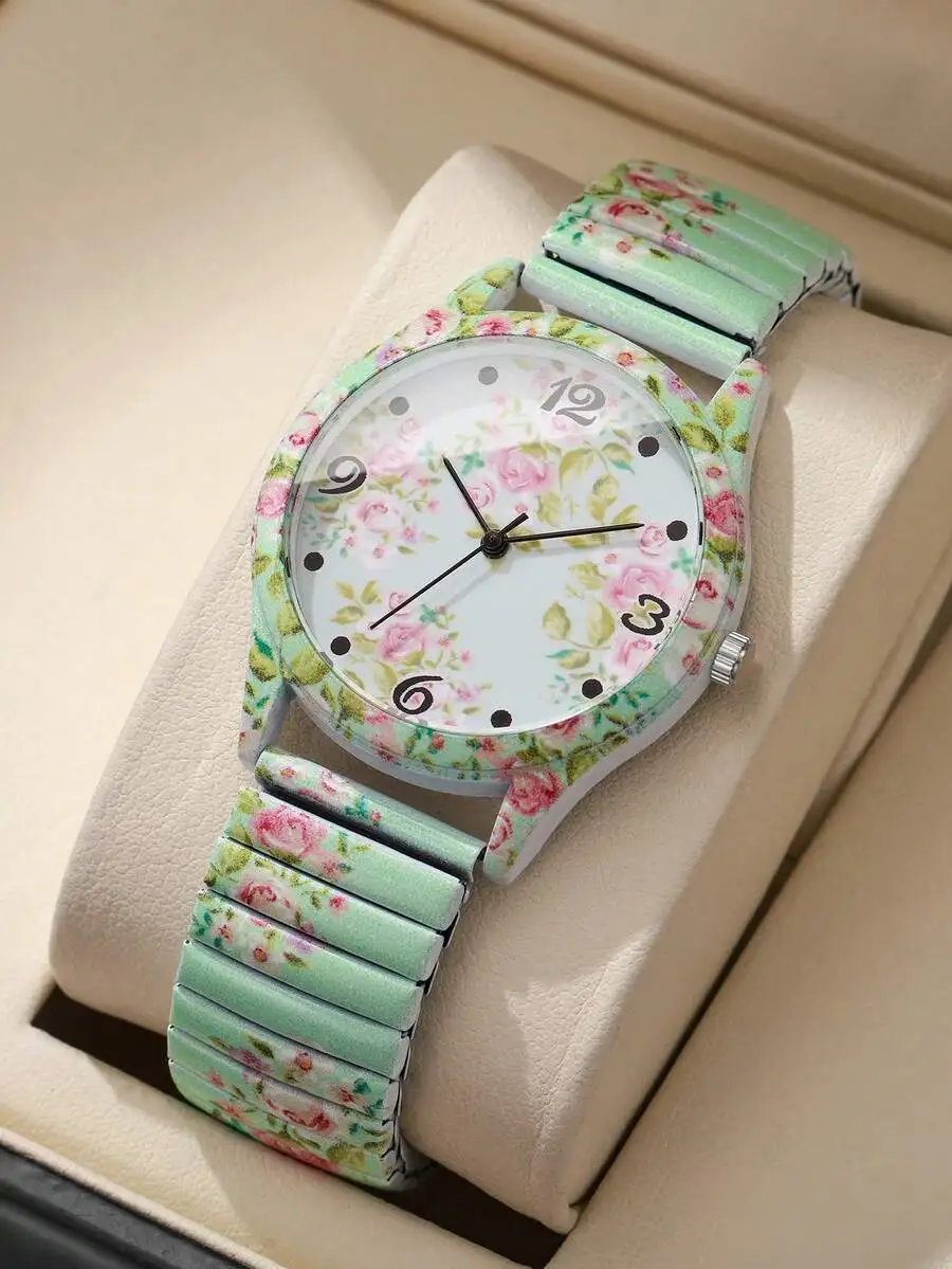 1pc Women's Printed Elastic Band Fashion Casual Numeric Scale Dial Quartz Wrist Watch, Classic Stylish