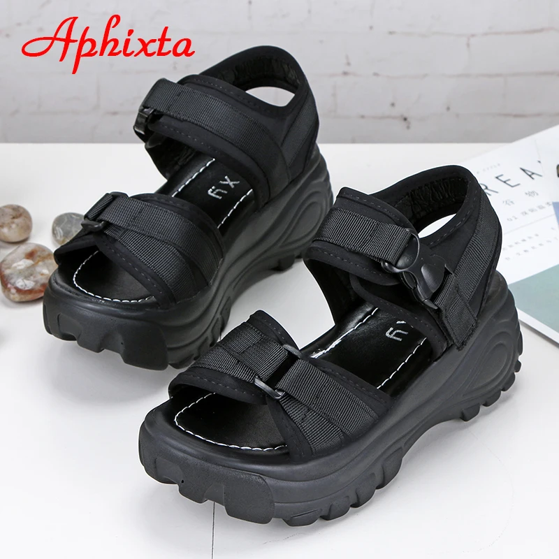 Aphixta 6cm/2.36 inch Summer Platform Buckle Sandals Women Height Increasing Thick Bottom Canvas Women Shoes Slides