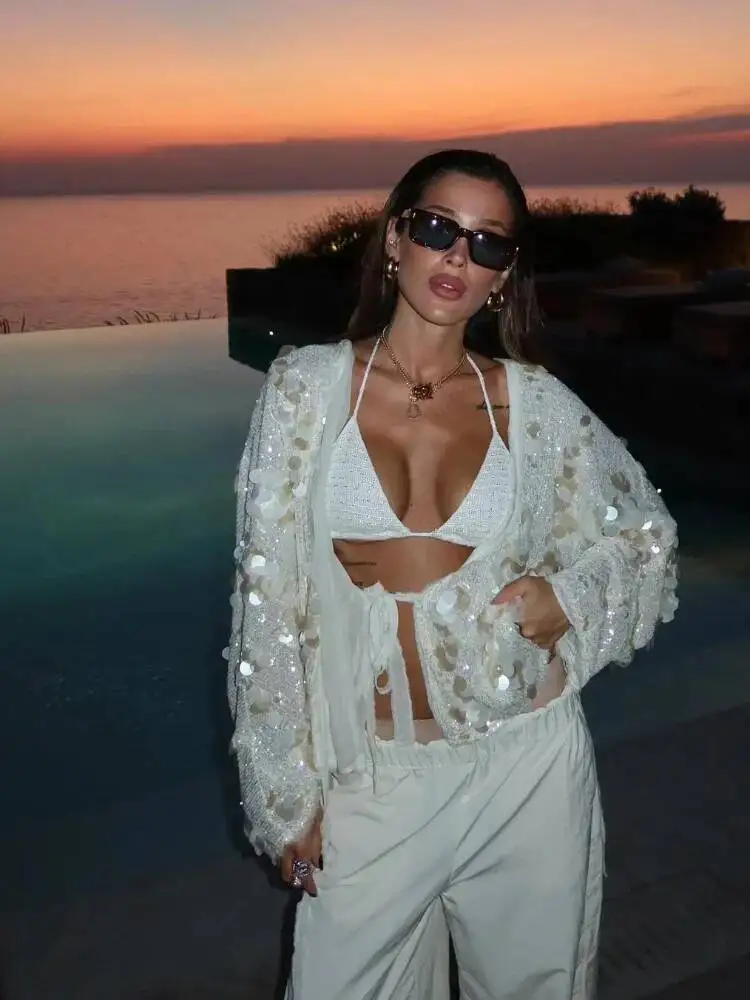 여성용 반짝이는 비즈 장식 숏 루즈 재킷 시크하고 우아한 브이넥 긴팔 레이스업 가디건 2024 가을 여성 패션 스트리트웨어