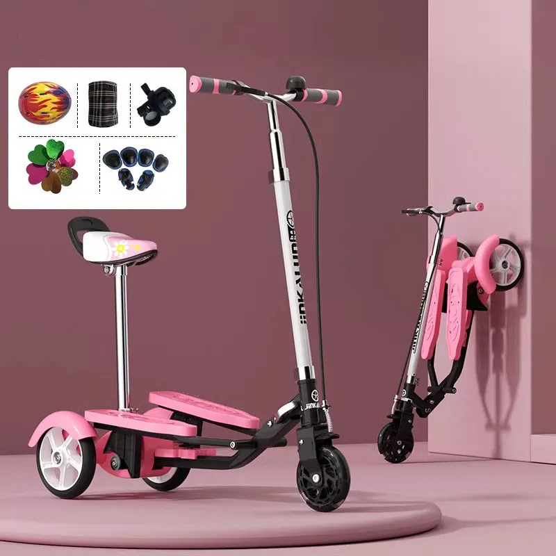 Draagbare Kids Pedaal Scooter Met Stoel Kan Zitten En Rijden, Opvouwbare 3-wielige Stepper Scooter Voor 4-12 Jaar Oude Kinderen