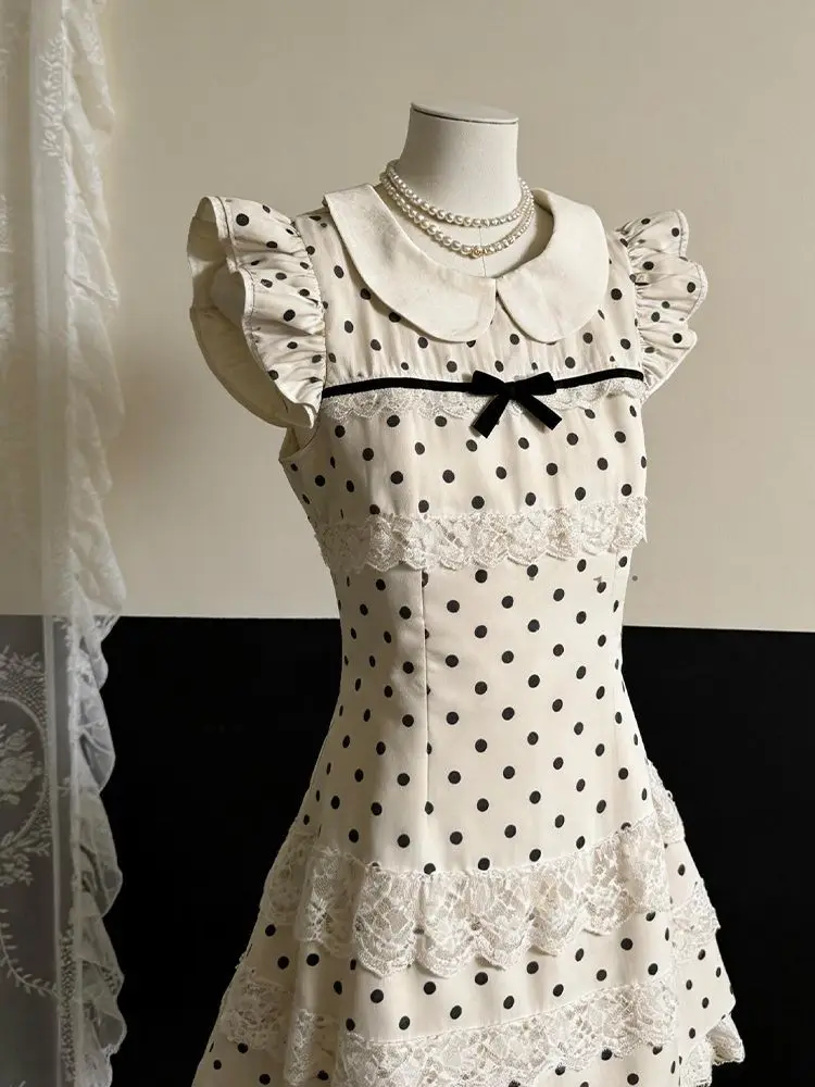 Vintage Y2k Dresses 90s Polka Dot Skirt Punk Lace Slim Sweet Women's Dress Fairycore Elegant Japanese Harajuku Sleeveless Summer