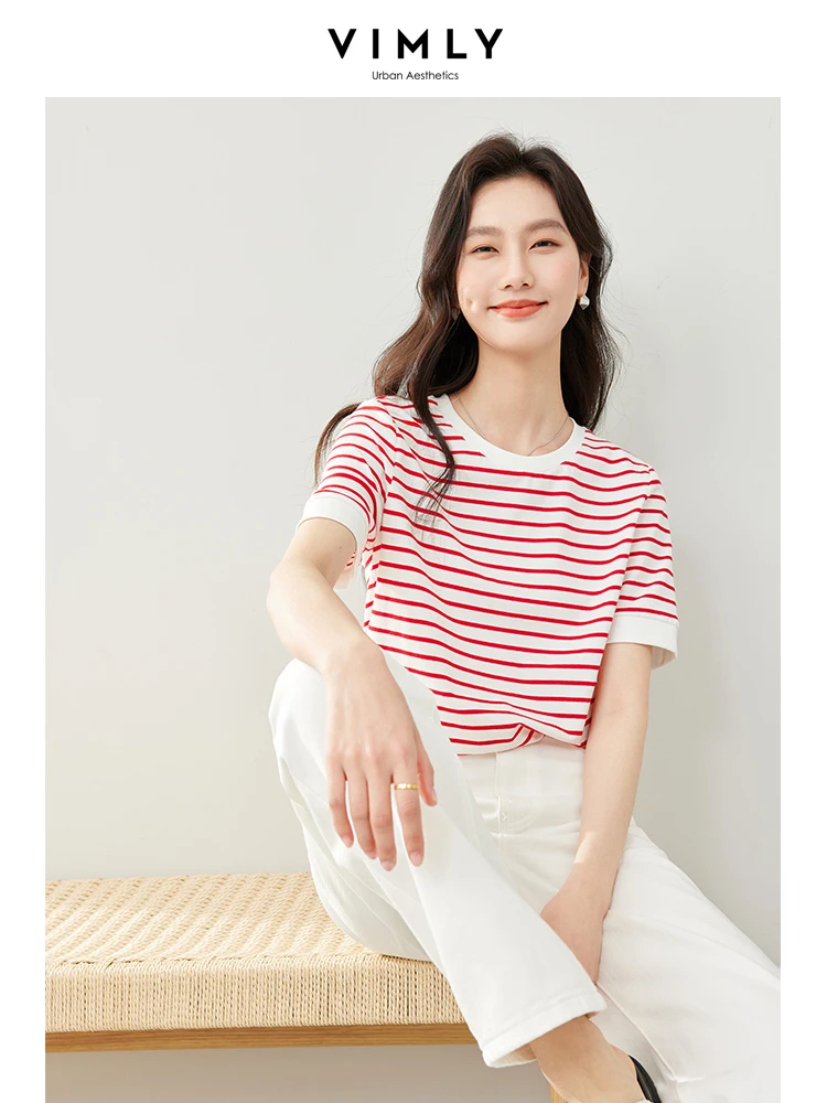 Vimly Contrast Striped Cotton Short Sleeve Women\'s T-shirt 2024 Summer Woman Simple Loose Casual Round Neck Pullovers Top M6563