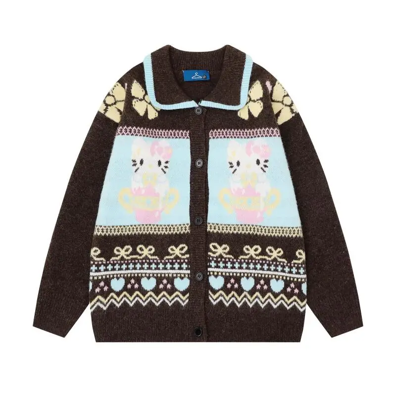 سانريو جريل مرحبا كيتي سترة Kawaii أنيمي موضة طالب عادية مستديرة الرقبة الخريف الشتاء تريكو سترة بلايز نمط جديد